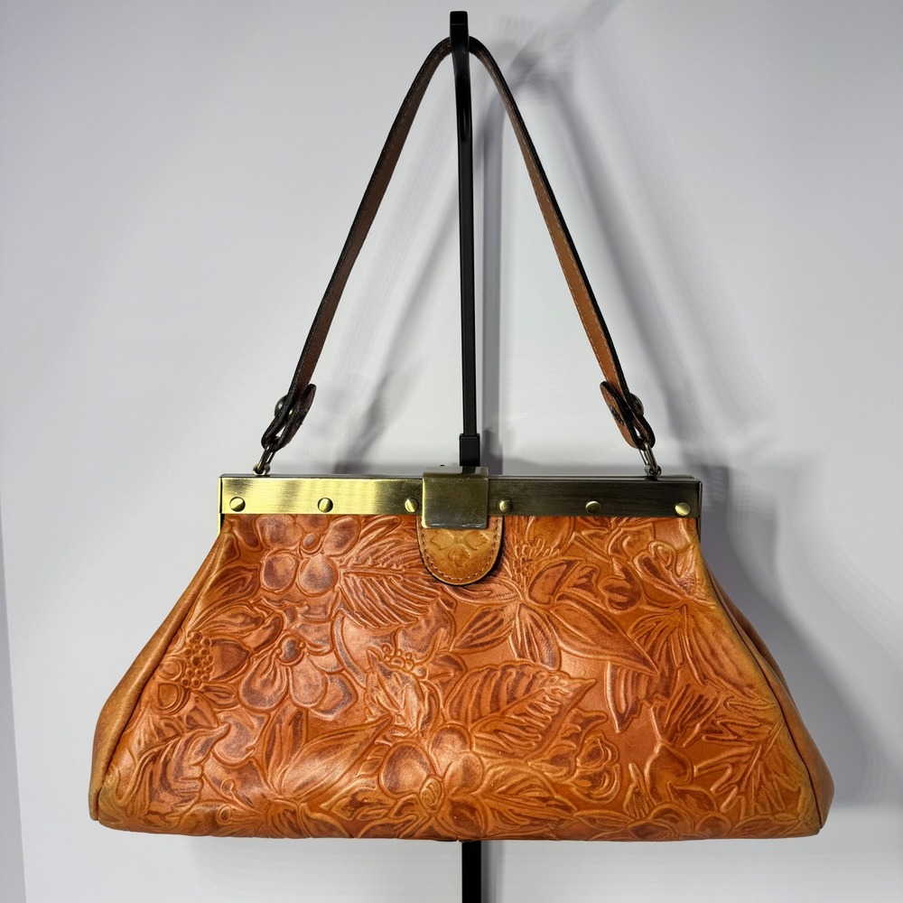 Patricia Nash Ferrara Frame Satchel Bag Tan Floral Embossed Genuine Leather - Picture 1 of 16